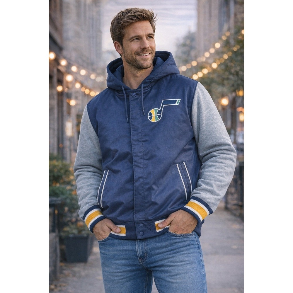 Utah Jazz NBA Varsity Jacket Hooded Navy Gray Small NWT